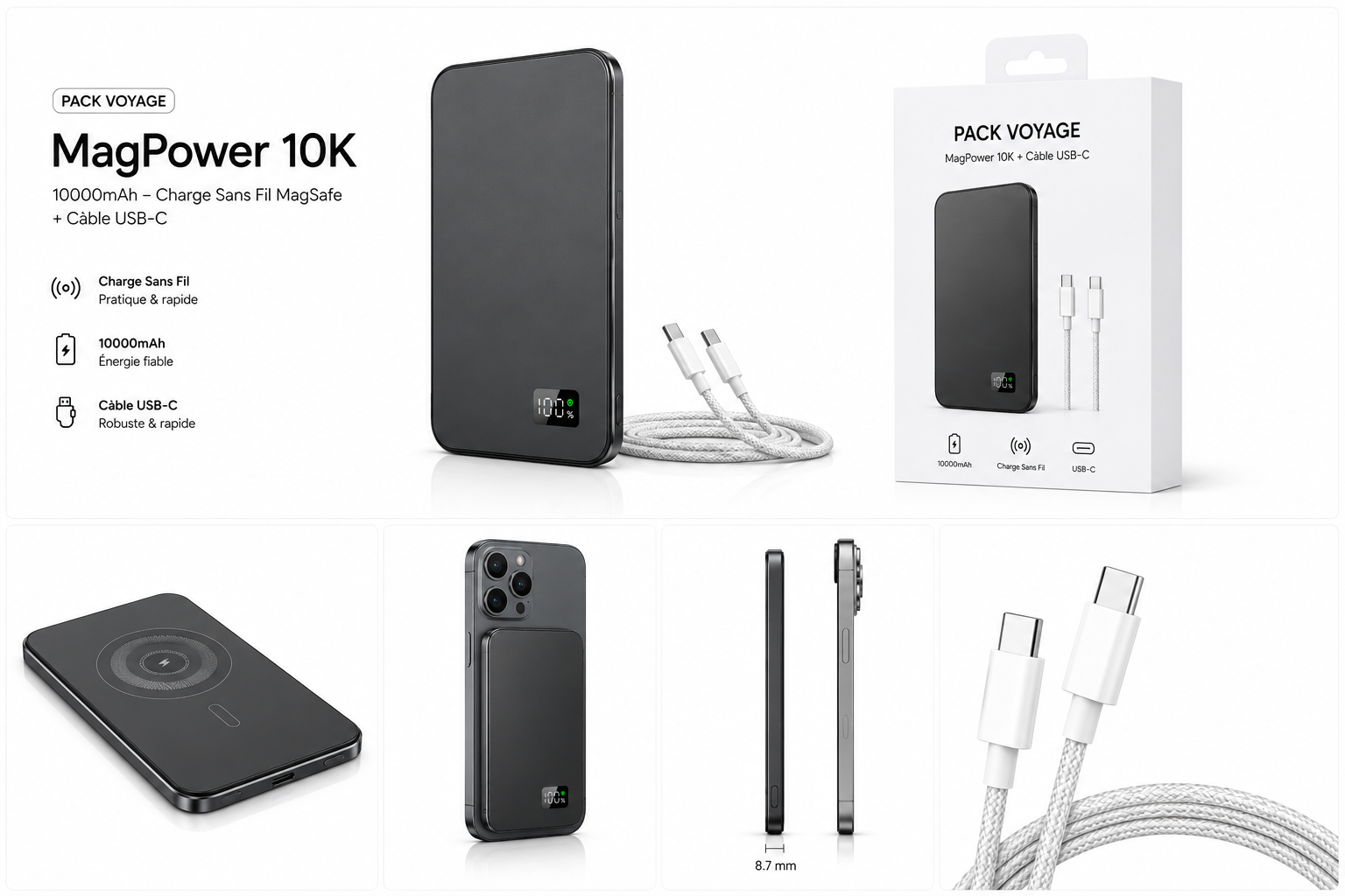 ElectroShop World - Pack Voyage MagSafe - MagPower 10K et câble USB-C 60W