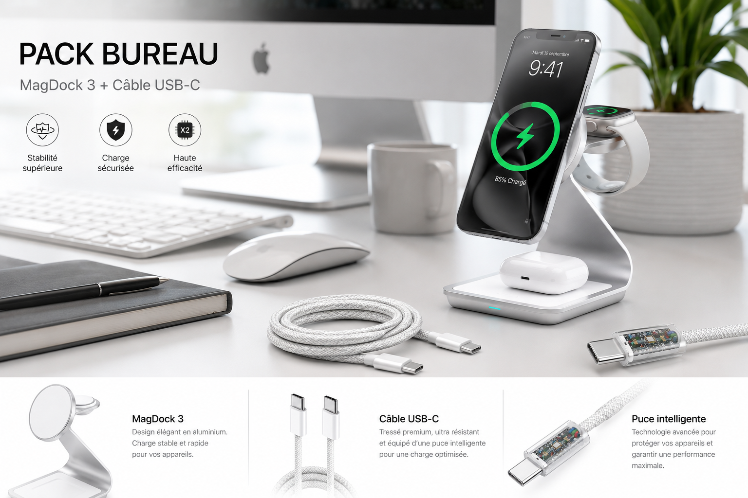 ElectroShop World - Pack Bureau MagSafe - vue de la station de charge en situation