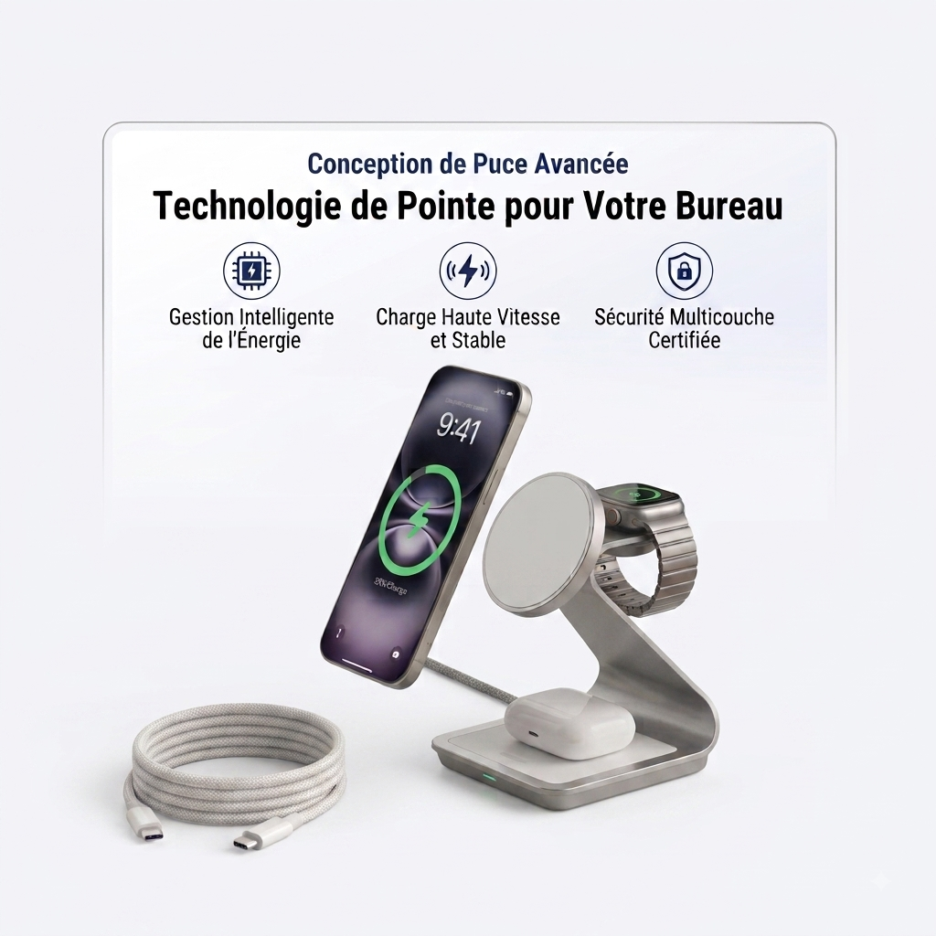 ElectroShop World - Pack Bureau MagSafe - MagDock 3 chargeant iPhone, Watch et AirPods