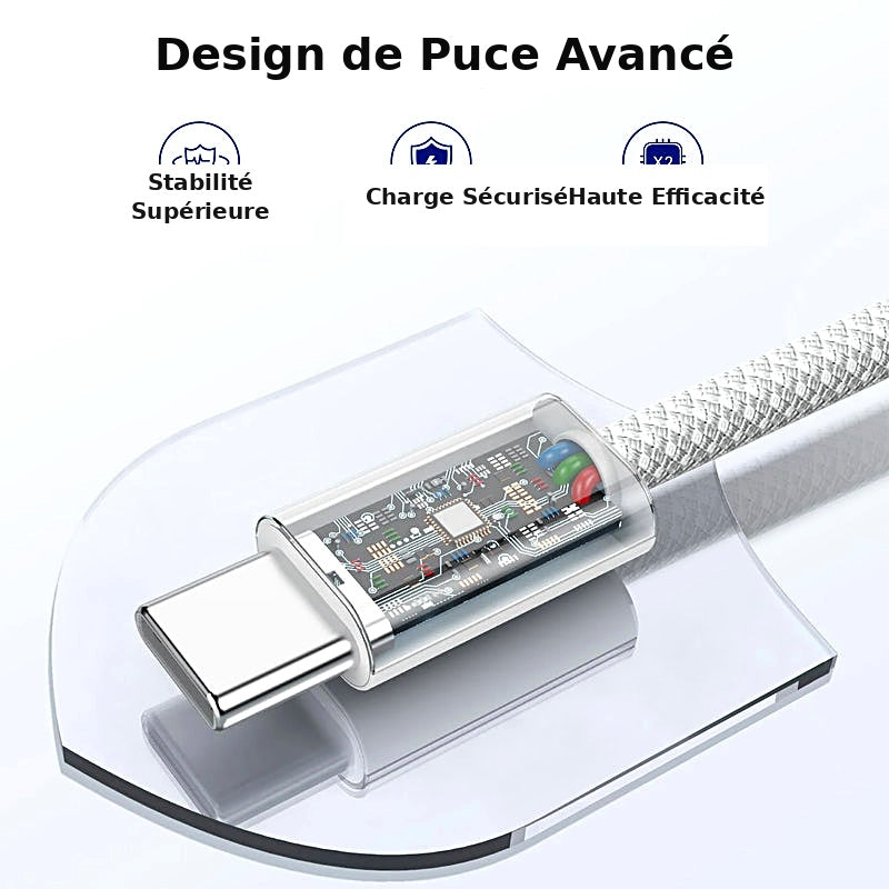 ElectroShop75 - Câble USB-C tressé 60W - design puce avancée stabilité charge sécurisée