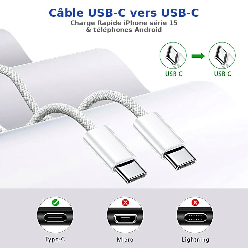 ElectroShop75 - Câble USB-C vers USB-C charge rapide compatible iPhone Samsung MacBook