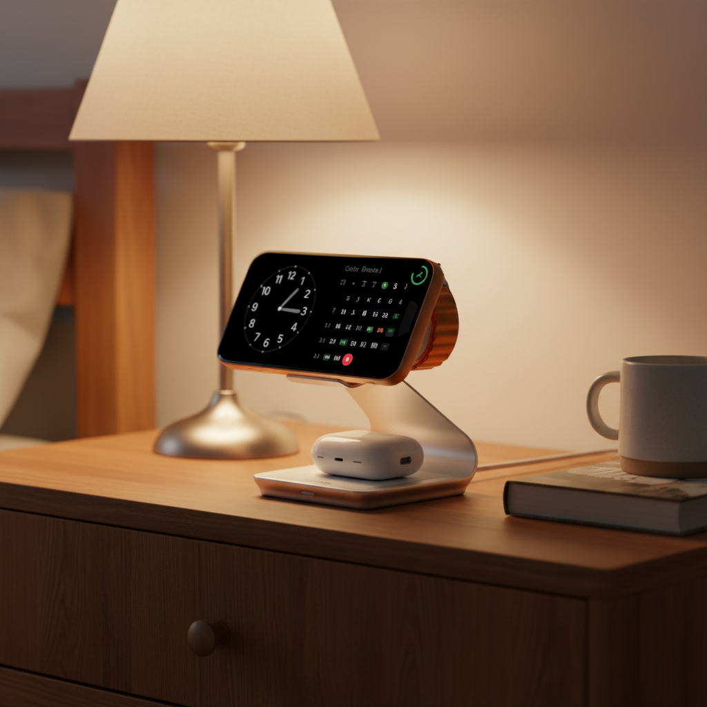 Chargeur sans fil 3-en-1 sur table de nuit - lifestyle chambre