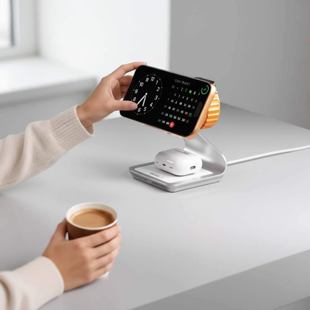Chargeur sans fil 3-en-1 - lifestyle bureau avec café haute qualité