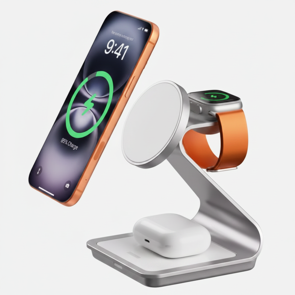 Chargeur sans fil 3-en-1 avec iPhone, Apple Watch et AirPods - gris métallique