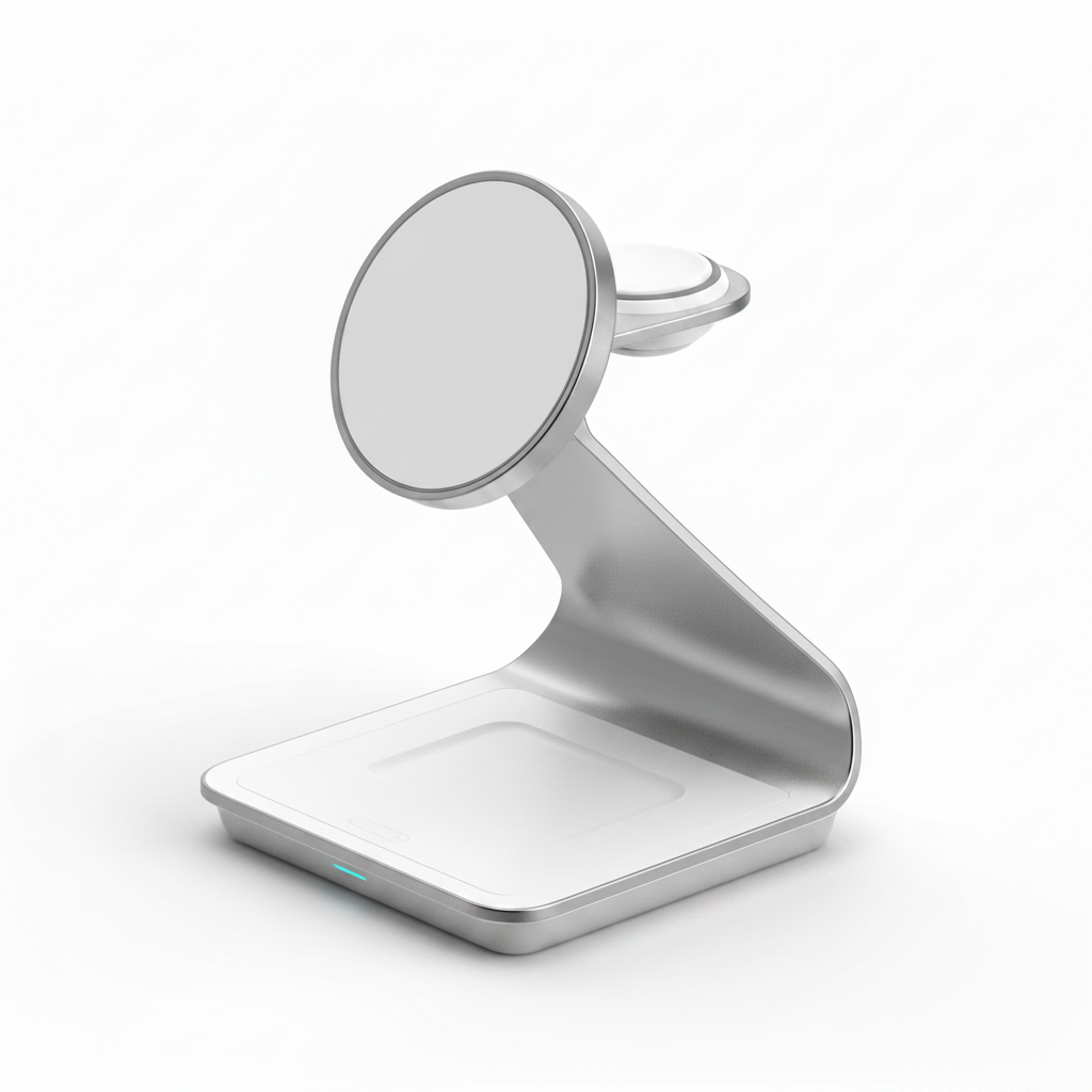 Chargeur sans fil 3-en-1 Apple gris métallique - fond blanc