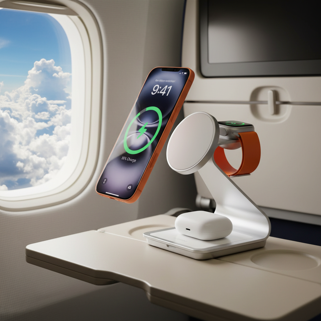 Chargeur sans fil 3-en-1 dans un avion - lifestyle voyage